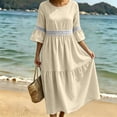 thumbnail image 4 of QUNYINEY 3/4 Sleeve Everyday Dresses for Women Faux Cotton Linen Casual Long A Line Dress Crew Neck Flowy Loose Fit Solid Lace Dresses, 4 of 8