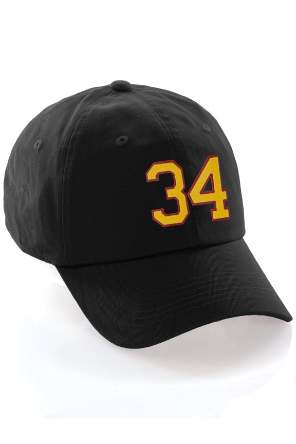 Customized Number Hat 00 to 99 Team Colors Baseball Cap, Black Hat Red Gold Number 34