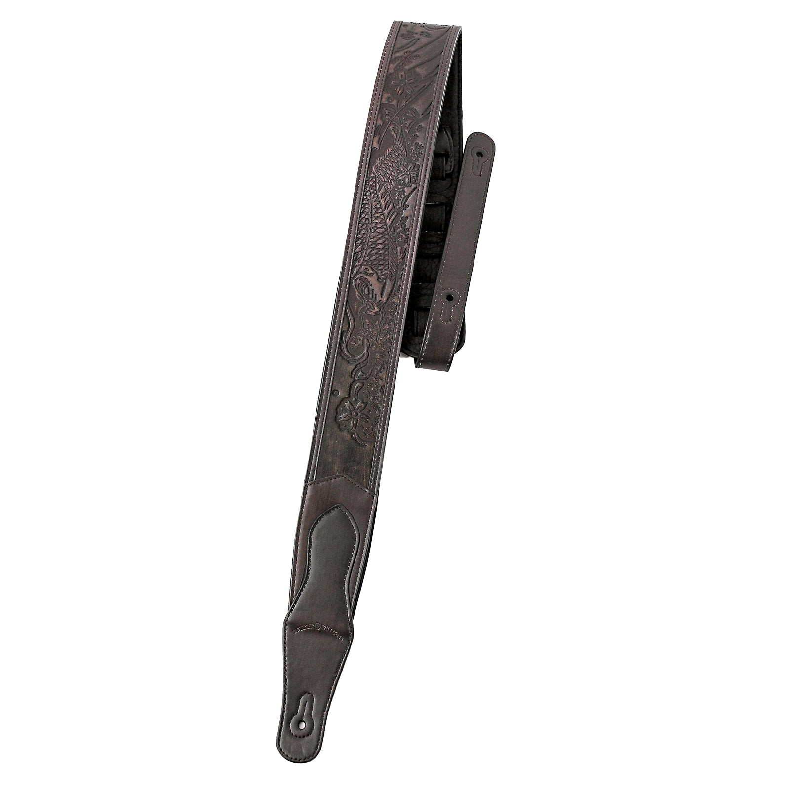 Walker & Williams LIE-14 Weathered Dark Brown Leather Padded Guitar Strap with Embossed Tooling