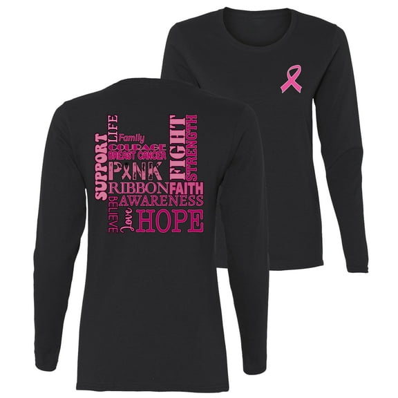 Wild Bobby Breast Cancer Awareness Front and Back Words of Encouragement Distressed Breast Cancer Awareness Front and Back Womens Graphic Long Sleeve T-Shirt, Black, Small