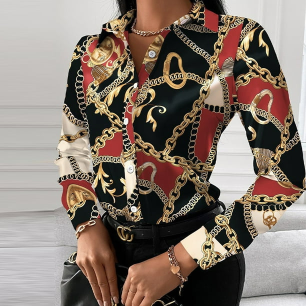 Camisa De Solapa Camisas casuales de mujer Camisa de solapa estampada de manga larga Blusa vintage (Rojo XL) Cgtredaw Para estrenar