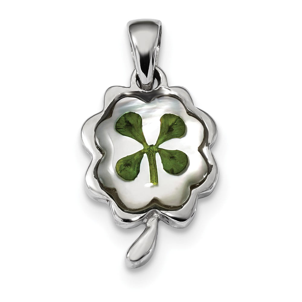 Sterling Silver Leaf Clover Epoxy and Shell CZ Heart Charm 