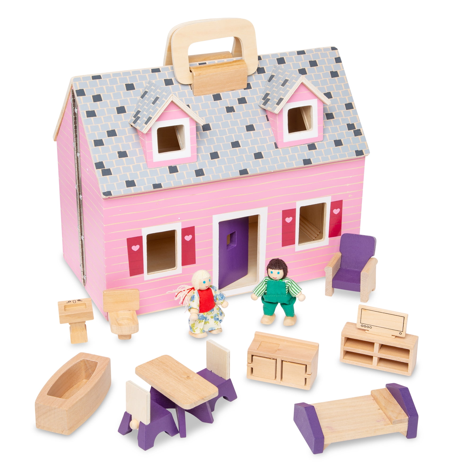 Details about   Melissa & Doug Fold and Go Wooden Dollhouse With 2 Dolls and Wooden Furniture