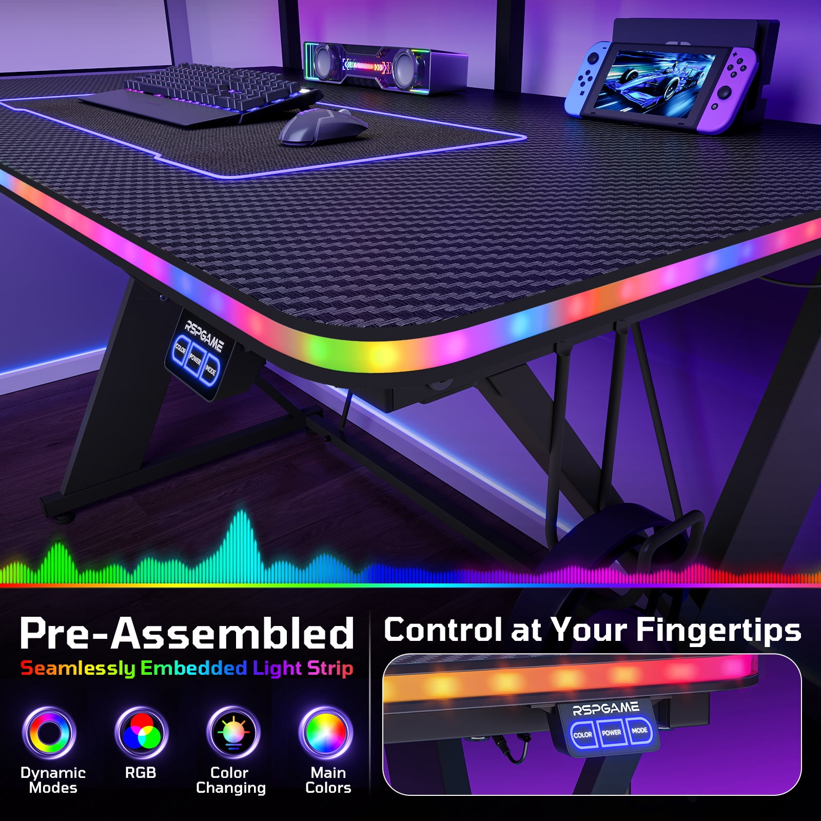 RSPGAME 43" Music Sync LED Gaming Desk,X-Shape Ergonomic Monitor Stand Gamer Table,PC Desk with Dynamic Lighting,Color Changing Office Desks,Black Racing