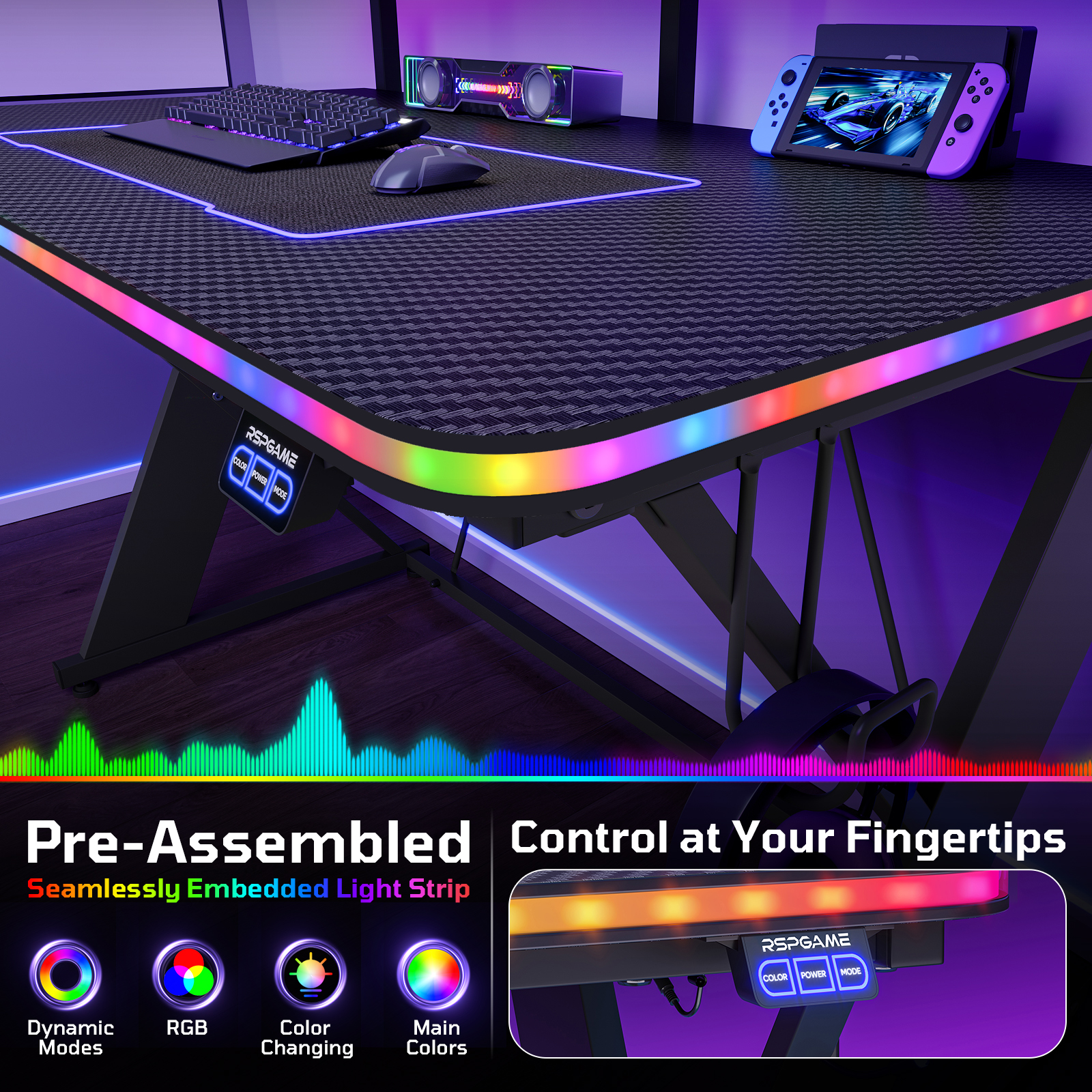RSPGAME 43" Music Sync LED Gaming Desk, Black photo 5