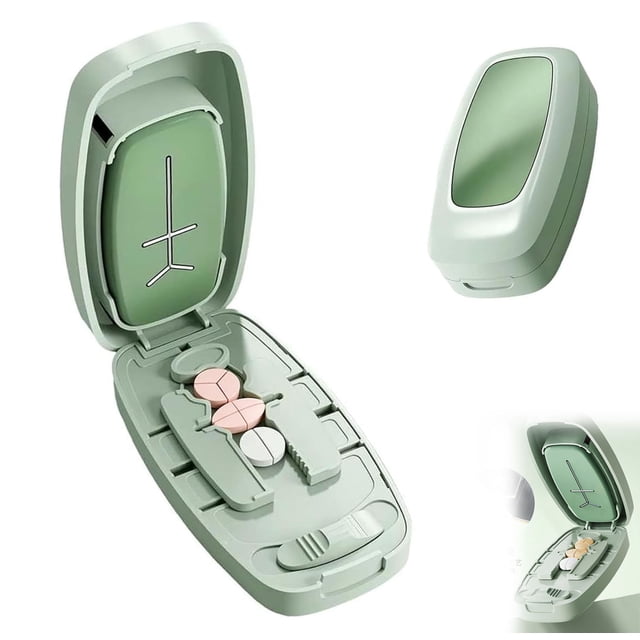 Portable Pill Cutter Splitter for Small and Large Pills, 2026 New Portable Adjustable 1/2 1/3 1/4 Pills Cutter with Storage Organizer, Pill Taker Household Gadgets (Green)