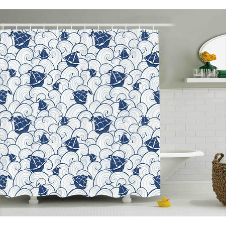 Nautical Decor Shower Curtain, Ship on Marine Spiral Waves Cruising Boat on Ocean Journey Sea Illustration, Fabric Bathroom Set with Hooks, 69W X 70L Inches, Blue White, by