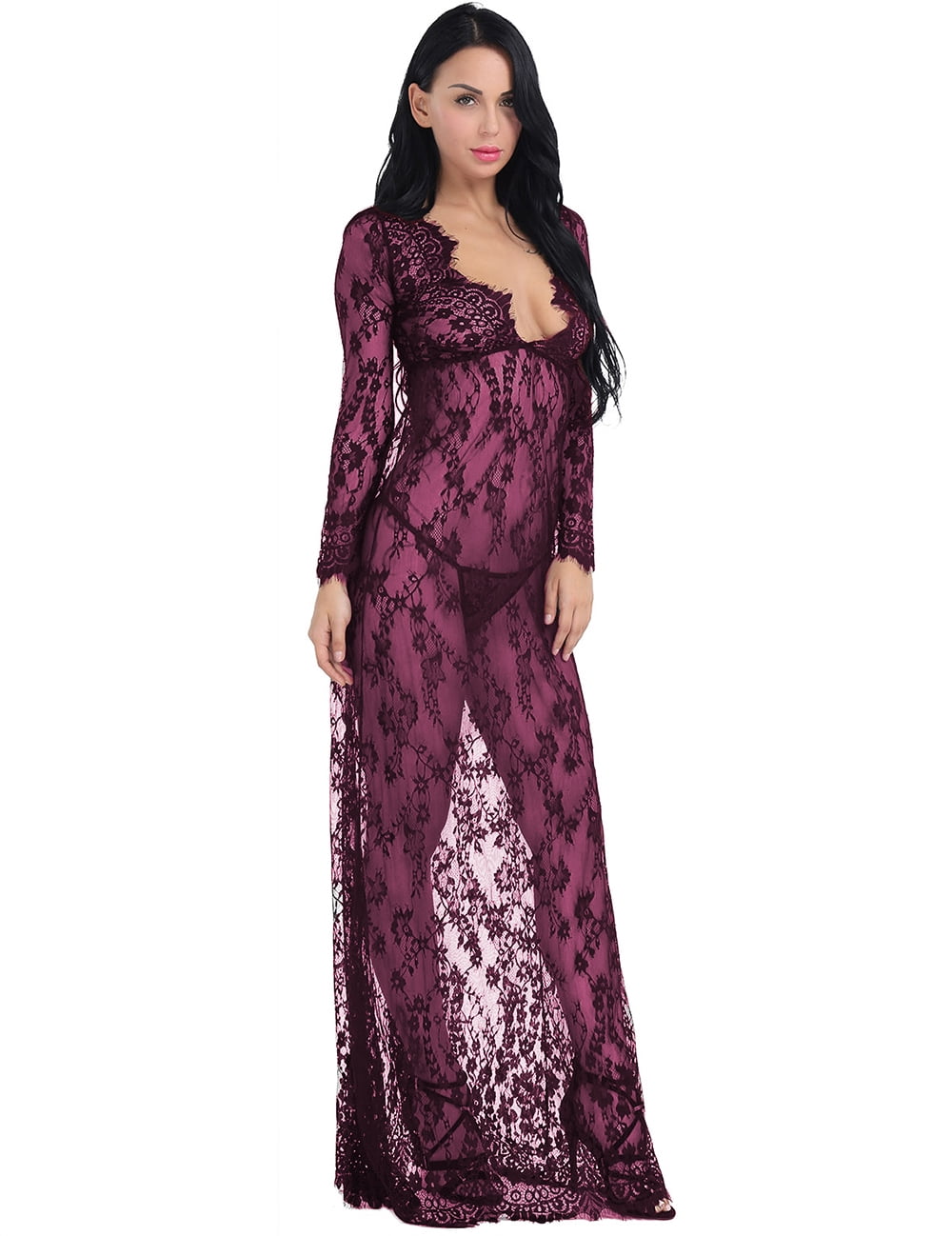 Lily Women's Lingerie Sexy Sheer V-Neck Lace Nightgown Nightdress G-String Babydoll Sleepwear Nightwear 2 Piece Set