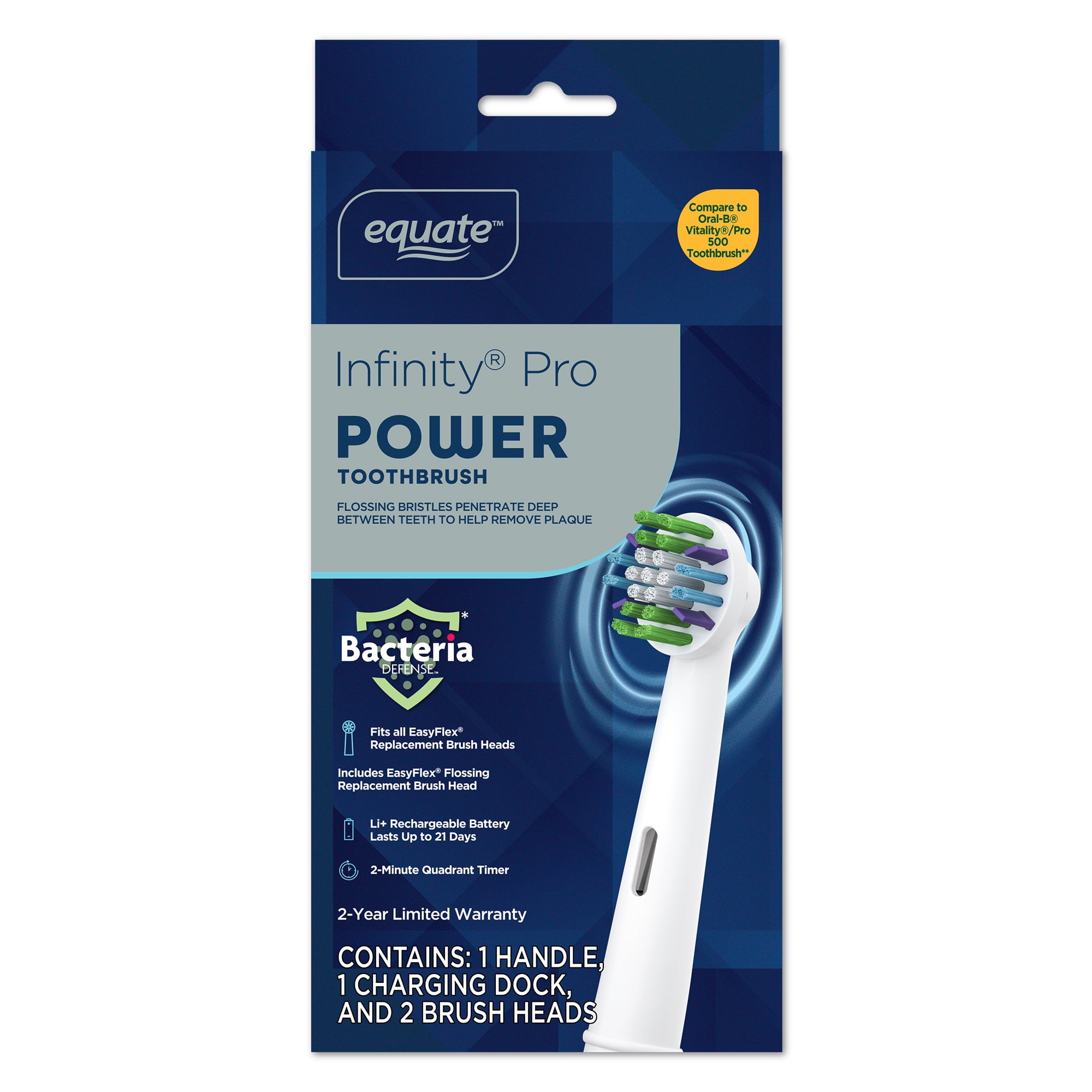 (4 pack) Equate Infinity Pro Power Rechargeable Electric Toothbrush, White (1 Handle, 2 Brush Heads), Compare to Oral-B® Vitality® Pro 500 Toothbrush