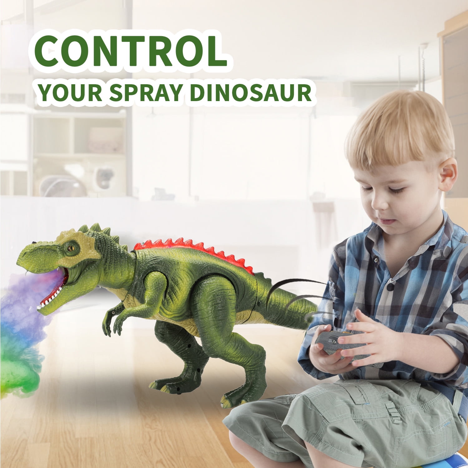 Anpro Remote Control Dinosaur Toy for Kids, Big T-Rex with Light up & Spray, Roar Walking Dinosaur Toy Gift for Age 3+ Toddlers Boys Girls, Green
