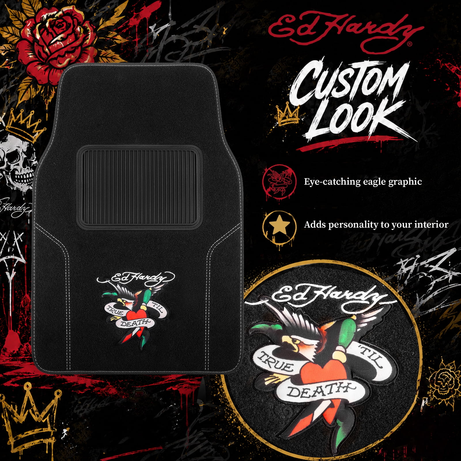 Ed Hardy Car Floor Mats, Fashion Print Carpet Floor Mats Set with Dagger Heart & Eagle Graphic, Faux Leather Floor Mats, Front and Rear Interior Protection for Cars, Trucks and SUVs