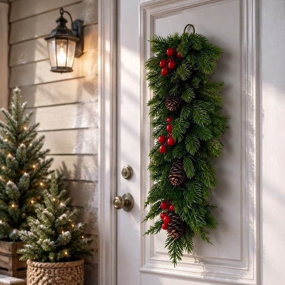 Pine Teardrop Door Swag, Plastic, 24.41 Inch, Seasonal Hanging Decor, for Wall, Mantel, Style A, Room Display Accent