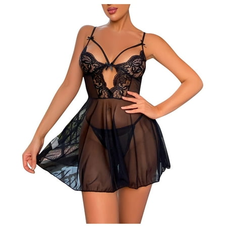 

DNDKILG Strappy Sleepwear for Women Lace Teddy Nightgown Babydoll Deep V Neck Sexy Chemise Black S