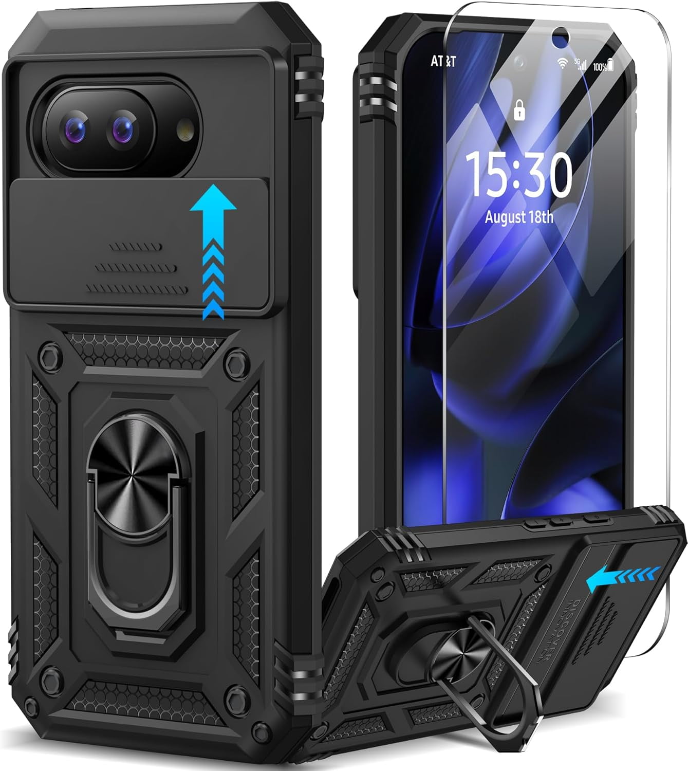 KOMI for Google Pixel 9a Case with Slide Camera Cover HD Screen Protector [Military Grade 16ft. Drop Tested] Magnetic Ring Holder Kickstand Protective Phone Case for Google Pixel 9a 2025 (6.3 inch)