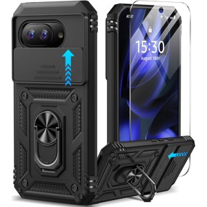 KOMI for Google Pixel 9a Case with Slide Camera Cover HD Screen Protector [Military Grade 16ft. Drop Tested] Magnetic Ring Holder Kickstand Protective Phone Case for Google Pixel 9a 2025 (6.3 inch)