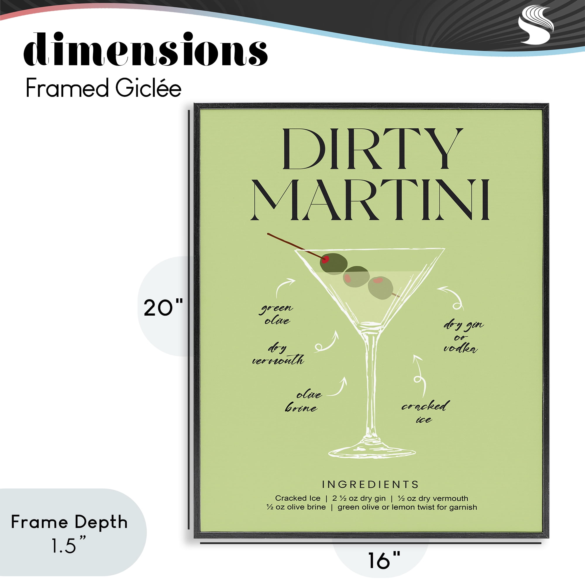 Stupell Industries Dirty Martini Green Recipe Black Framed Giclee Art, design by Lettered and Lined