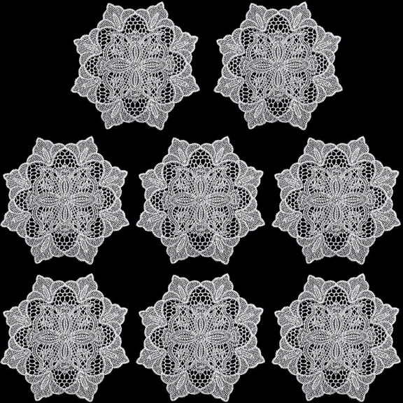 8Pcs Lace Doilies Crochet Handmade Lace Coasters Round Lace Placemats White Flower Embroidery Cup Mats Polyester Dining Table Doily Decoration for Kitchen Dressers Party Weddings 6x6Inch White