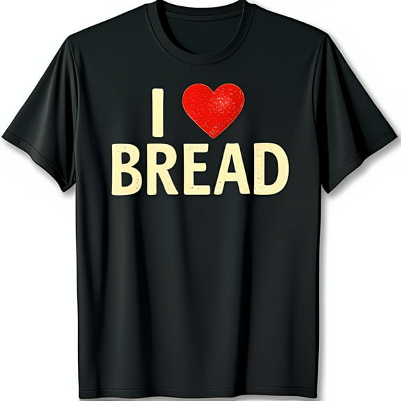 I Love BREAD Black T-Shirt with Playful Heart Graphic Fun Tee