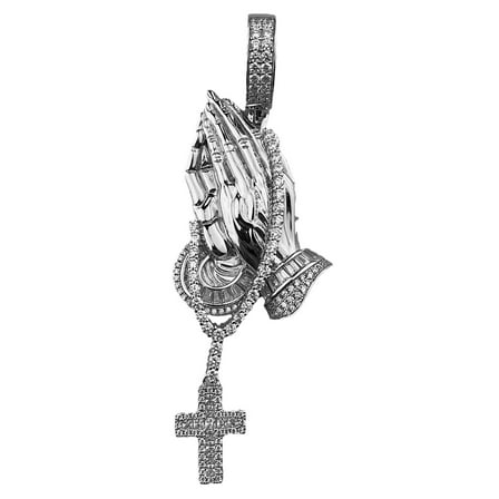 Real Solid 925 Sterling Silver Icy Pendant Praying Hands w/Dangling Rosary Cross