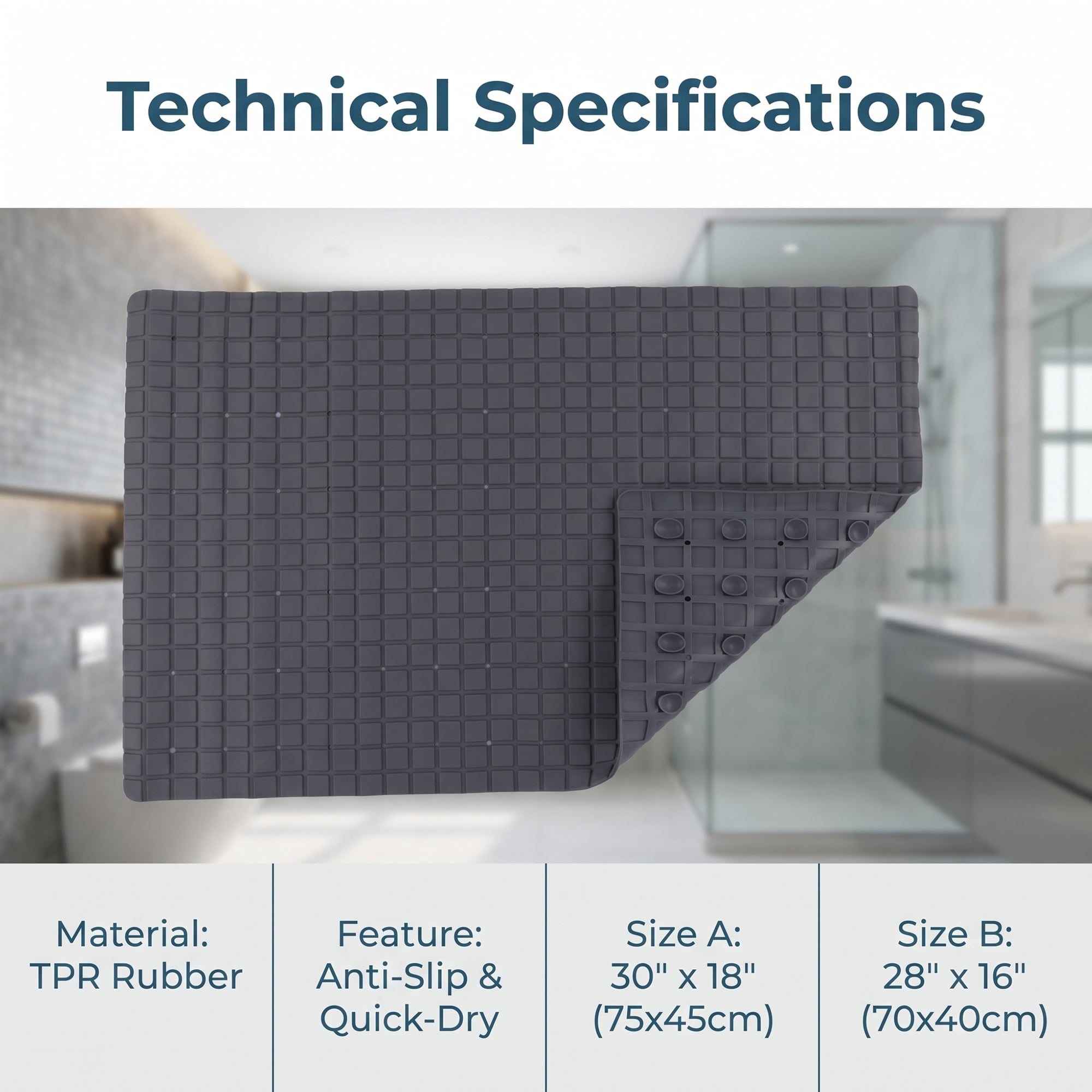 Unique Bargains Non-Slip Bathtub Mat with Strong Suction Cup and Quick Dry Gray 28" x 16"