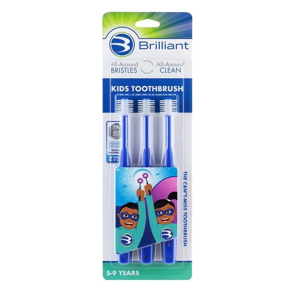 Brilliant Kids Toothbrush Ages 5-9 Years - When Adult Teeth Appear - Micro Bristles Clean All-Around Mouth, Kids Love Them, Royal, 3 Count