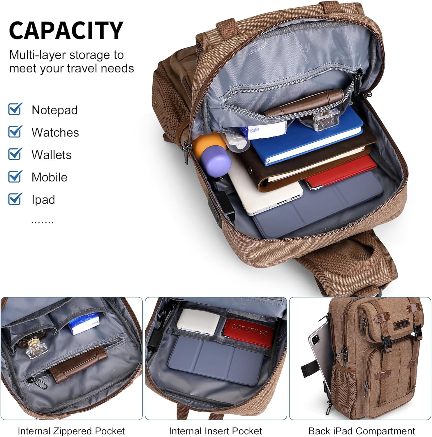 WITZMAN Sling Bag for Men Canvas Large Chest Bags Crossbody Bag with USB Charging Port for Travel Daily Work(A8019 Brown)