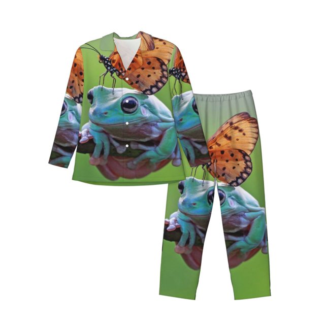Fotbe Butterfly Landing On Head Dumpy Frog Pijama de Hombre con Estampado de Manga Larga, Conjunto de 2 Piezas, Ropa de Dormir Suave y Cómoda con Bolsillos-Large