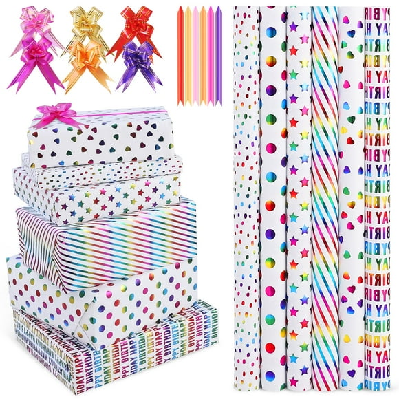 Papel de regalo xunhewi, 6 rollos, 43 x 305 cm, con 6 lazos