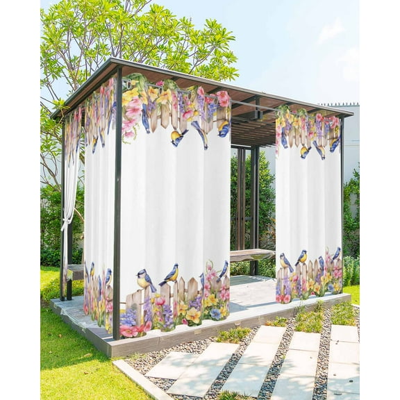 Outdoor Curtains for Patio, Spring Floral Waterproof Blackout Outside Curtain for Porch/Pergola/Gazebo, Summer Birds Botanical Fence Thermal Insulated Drapes for Cabana, 1 Panel, 54 x 84 Inch