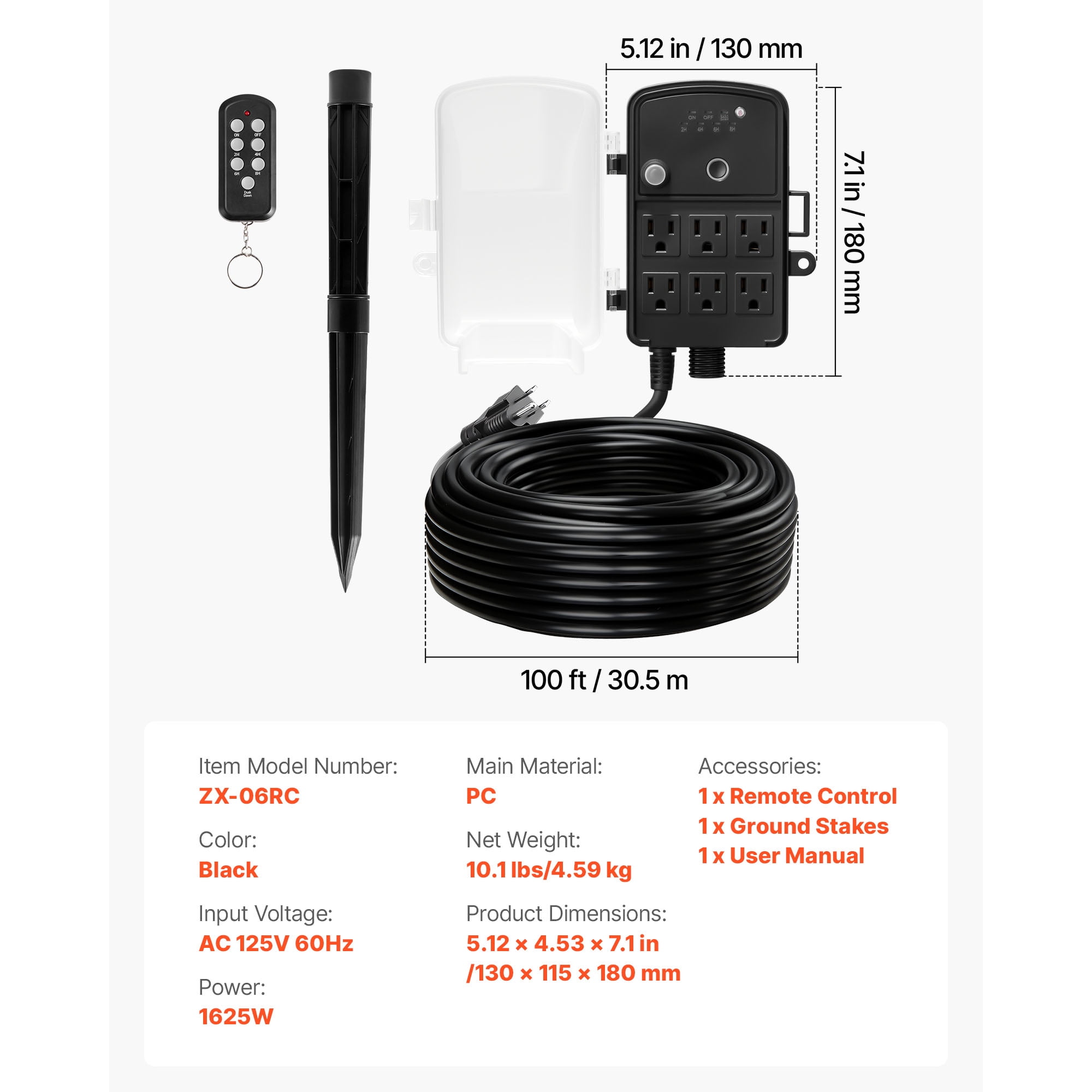 KFFKFF Outdoor Power Stake with 100FT Extension Cord, Weather-Resistant Power Strip with Cover, Remote-Controlled Light Timer, 6 Outlets, 1625W/13A, Ideal for Holiday Decorations and Garden Use