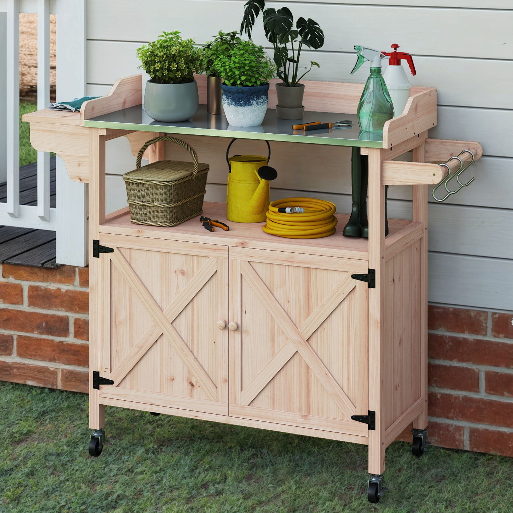 Uforic Outdoor Potting Bench Table, Planting Work Bench with Galvanized Metal Tabletop, Foldable Side Panel, 4 Casters, Adjustable Shelf, Garden Workstation for Patio/Backyard, Light Wood