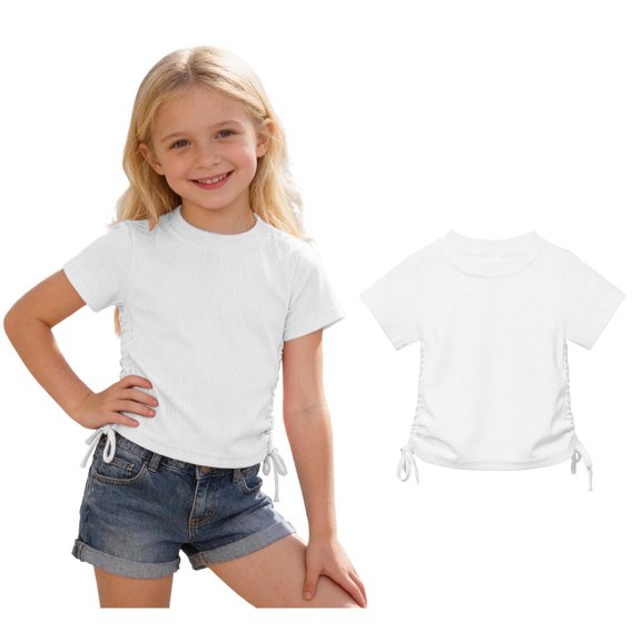 Girls Drawstring Short Sleeve T Shirts Summer Casual Cute Crewneck Tops Tees 2-3 Years Girl Clothes