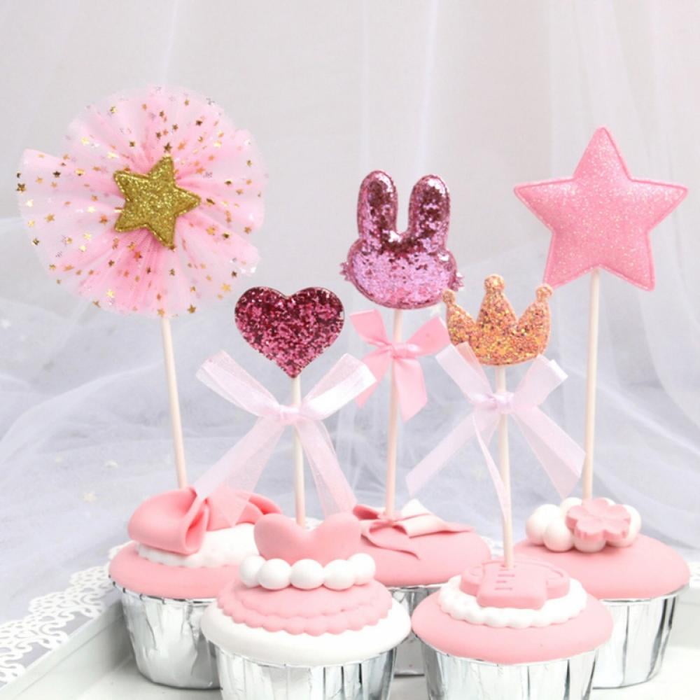 5pcs/set Pink Star Heart Crown Birthday Cake Cupcake Topper Dessert Decor~ 