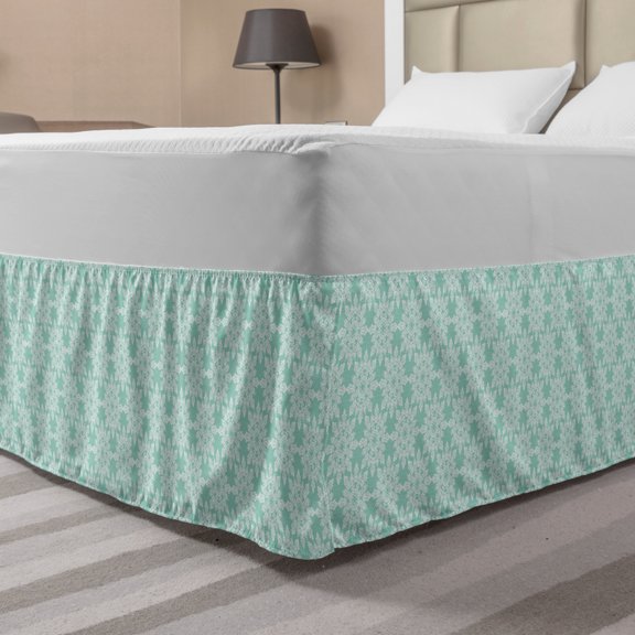 Aqua Damask Bed Skirt, Vintage Lace Look Rhythmic Delicate Motif in Green Tones Monochrome Print, Elastic Bedskirt Dust Ruffle Wrap Around for Bedding Decor, 4 Sizes, Seafoam White, by Ambesonne