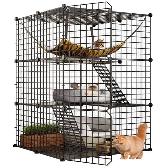 Indoor Cat Cage - DIY Cat Enclosures Metal Playpen with 3 Tiers, Extra Large Hammock, and Sturdy Design