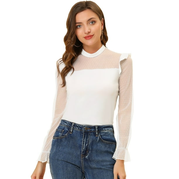 INSPIRE CHIC Top De Blusa De Punto Con Volantes Y Cuello Alto De Manga Larga Transparente De Malla De Puntos Para Mujer Blanco XL