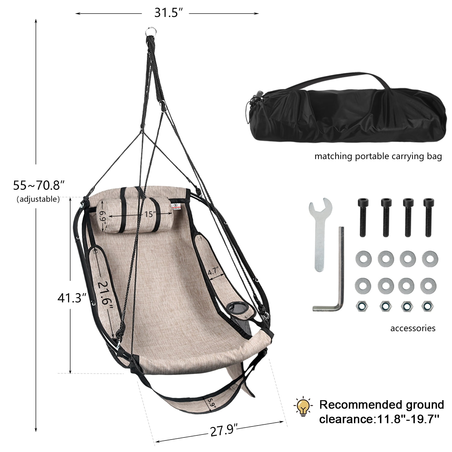 Bathonly Hammock Hanging Chair with Footrest, Sky Chair with Metal Bar and Side Pouch for Outdoor, Beige