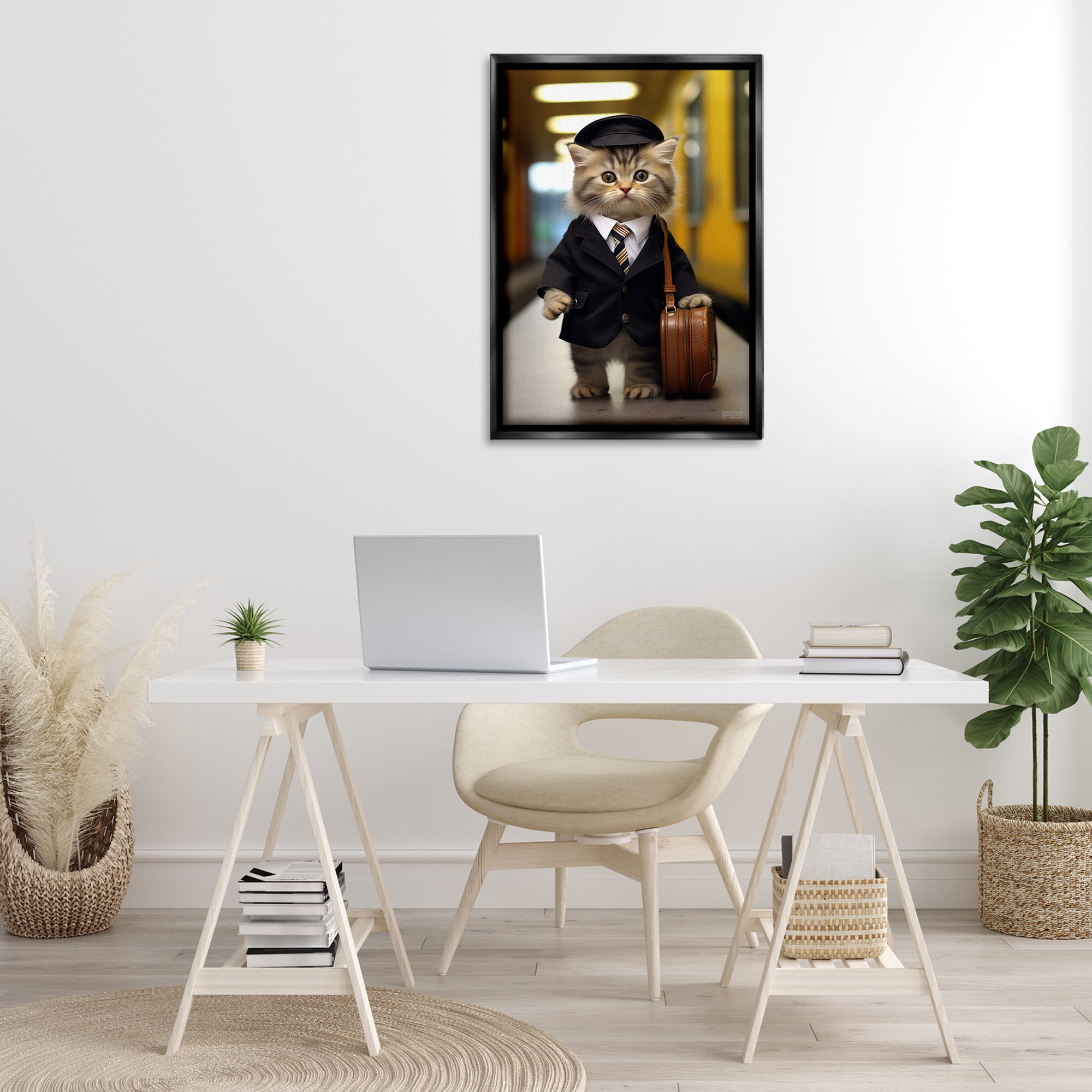 Stupell Industries Traveler Kitten & Briefcase Novelty Painting Black Floater Framed Canvas Art Print Wall Art, 21 x 31