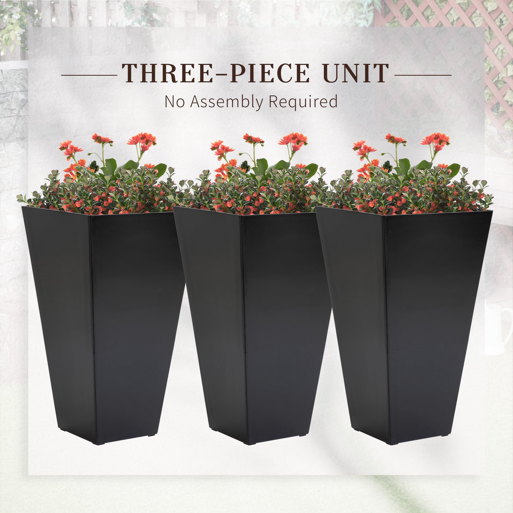 Set of 3 Tall Planters with Drainage Hole, 28" Outdoor Flower Pots, Indoor Planters for Porch Patio and Deck, Black