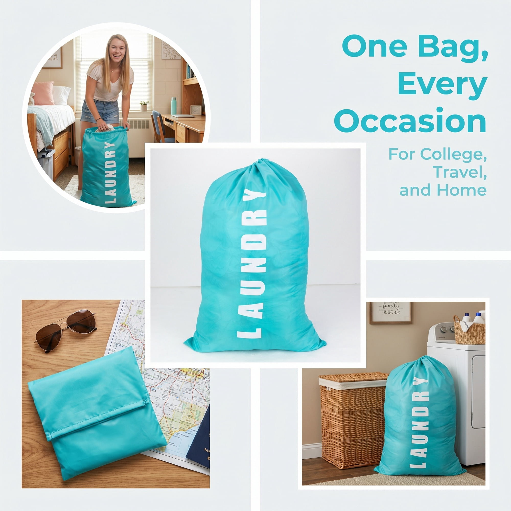 Unique Bargains 2Pcs Waterproof Wet Dry Travel Laundry Bag Green-White 24" x 36.2"