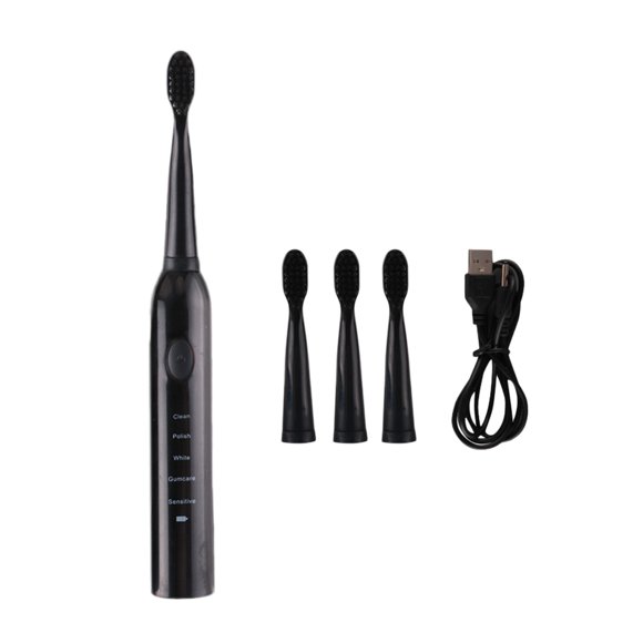 Cepillo de dientes negro con 4 cabezales para adultos y niños, cepillo de dientes sónico para uso doméstico