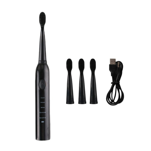 Cepillo de dientes negro con 4 cabezales para adultos y niños, cepillo de dientes sónico para uso doméstico