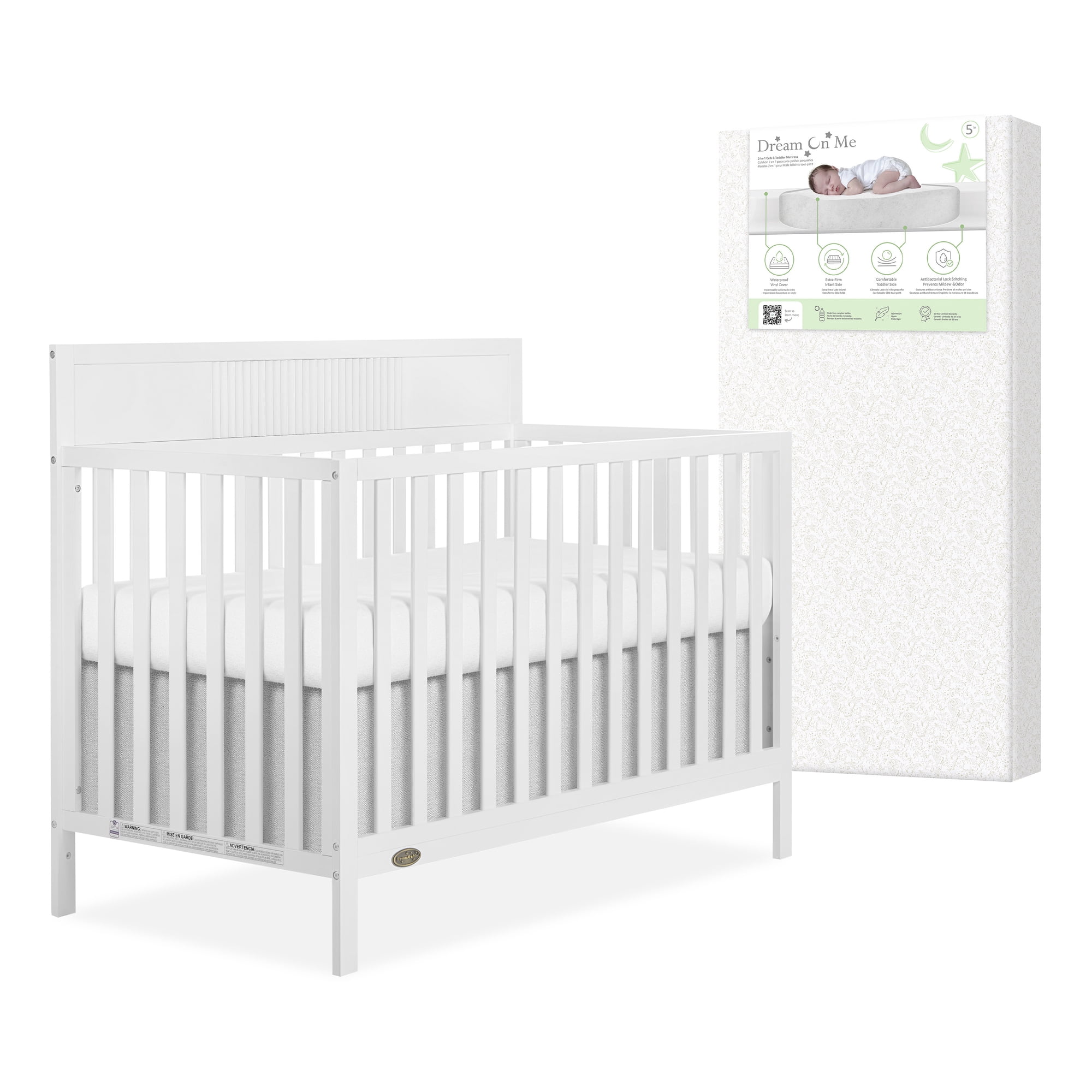 Nursery Bundle, Dream On Me Ivy 5 in 1 Convertible in White and Crib & Toddler Mattress Bundle