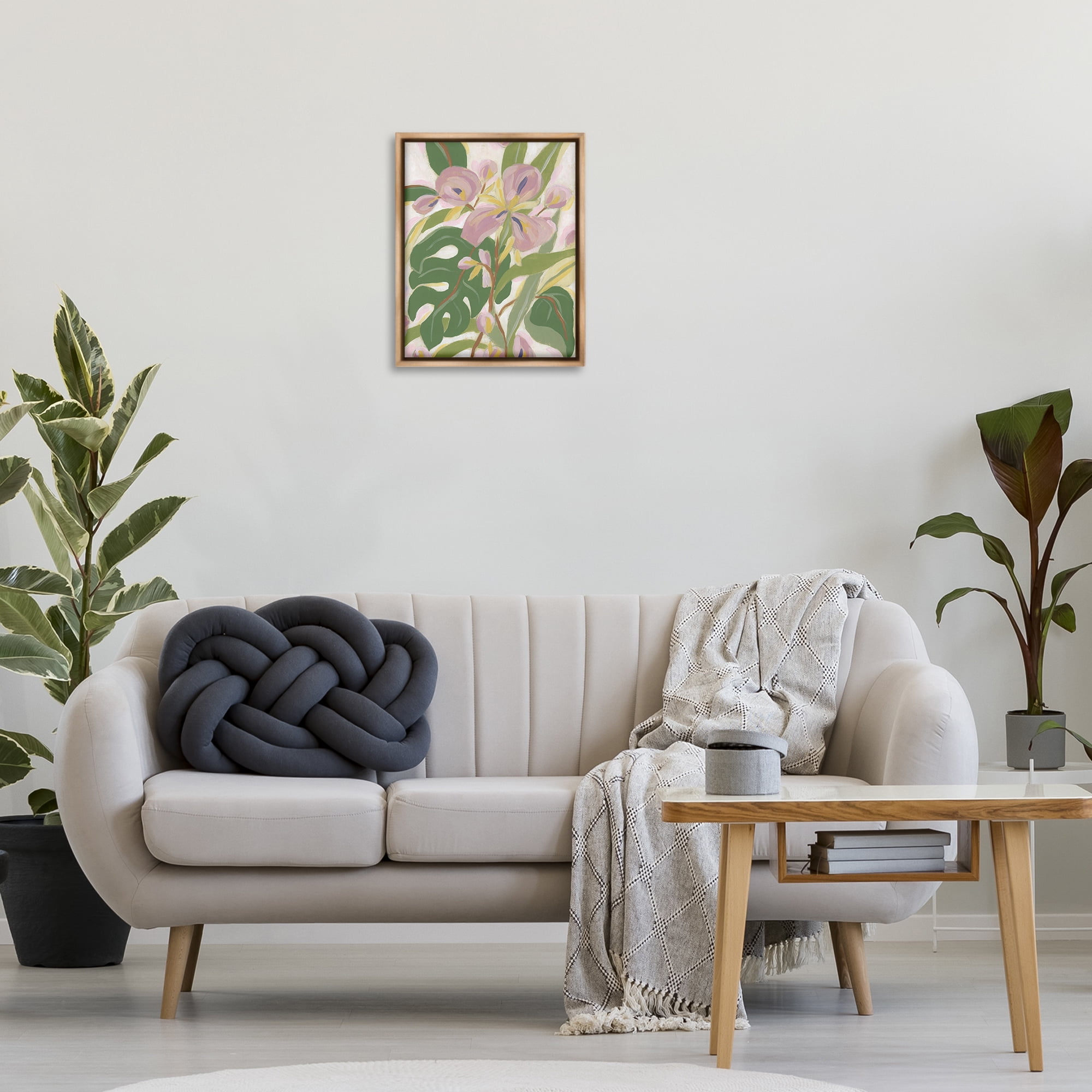 Stupell Industries Monstera & Pink Flower Plants & Flowers Painting Brown Floater Framed Canvas Art Print Wall Art, 17 x 21