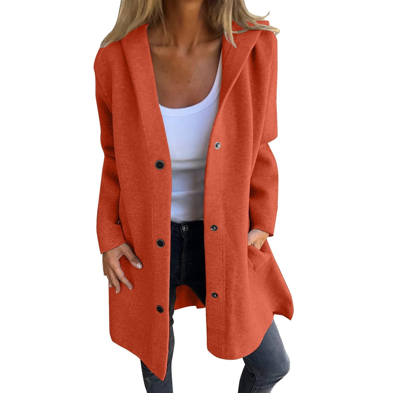 Womens Wool Peacoats with Hooded and Pockets Plus Size S-5X Snap-Button Up Coats Ladies Casual Solid Long Sleeve Comfort Outerwear