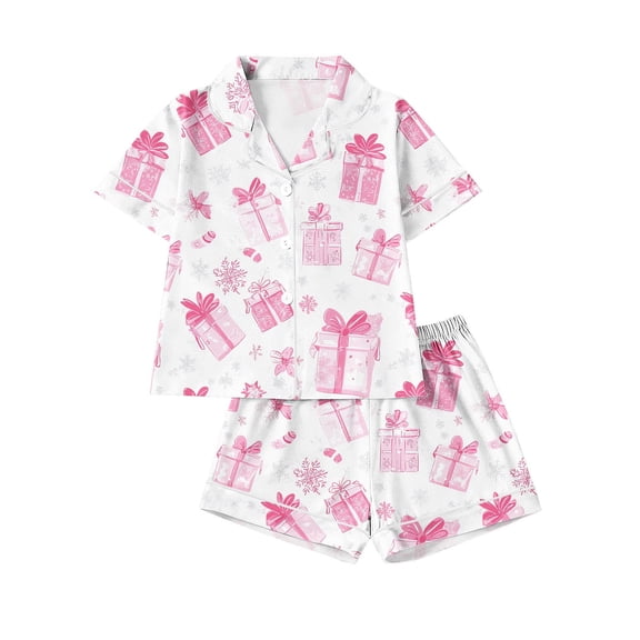 Einccm Girls Short Sleeve Pajama Set - Button-Down Front with Christmas Print, 2-Piece Turndown Collar Top and Elastic Waist Shorts for Casual Home Wear, Ages 8-12 Years