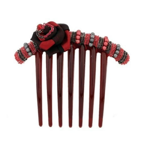 Caravan French Twist Comb Decorated In Two (2) Tone Wrapped Rose And Multiple Beads In Red And Black