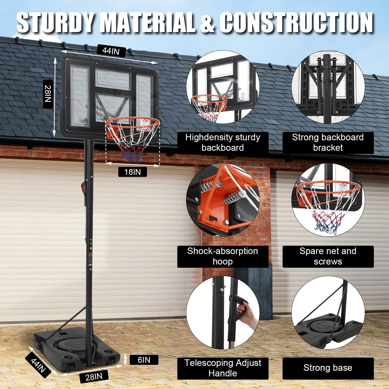 Outdoor Basketball Hoop – Adjustable Height 4.43 to 10ft, Portable Basketball Goal for Adults, Enlarged Base with PC Backboard, Ideal for Backyard, Driveway, and Indoor Use, Family Friendly