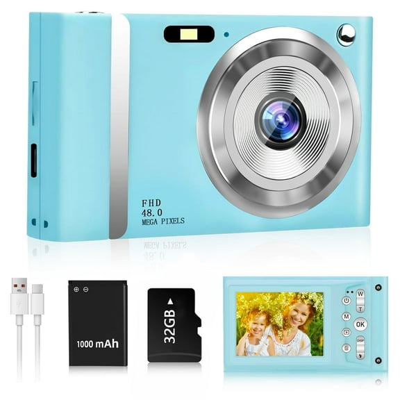 Jazeyeah FHD 1080P Kids Digital Camera, 16X Zoom Anti Shake, 48MP, with 32GB Memory Card & Autofocus, Blue