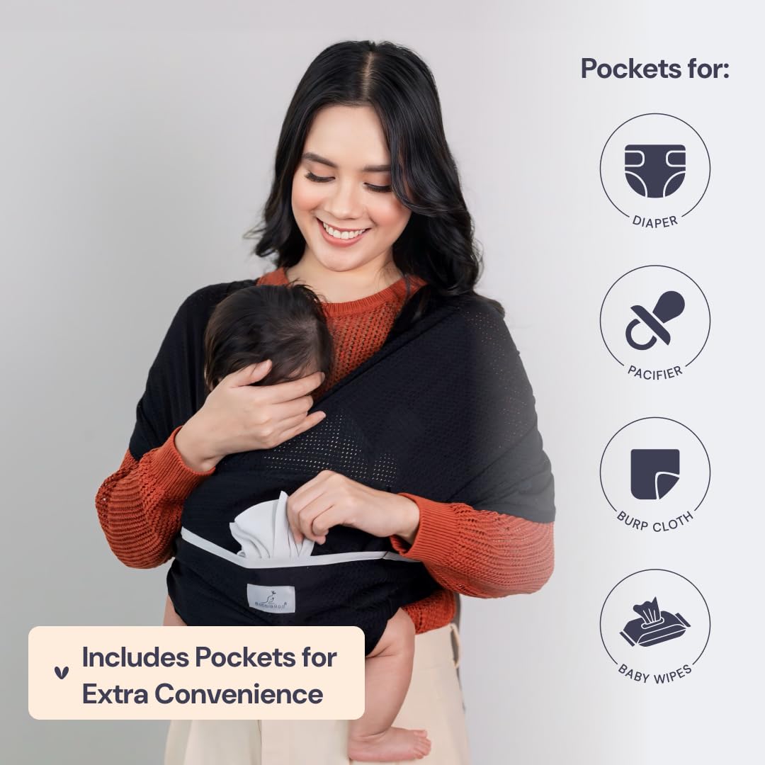 BabbleRoo Baby Wrap Carrier, Adjustable Newborn to Toddler, Black photo 3